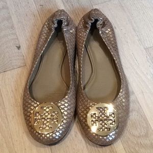 Gold and tan Tory Burch Reva flats